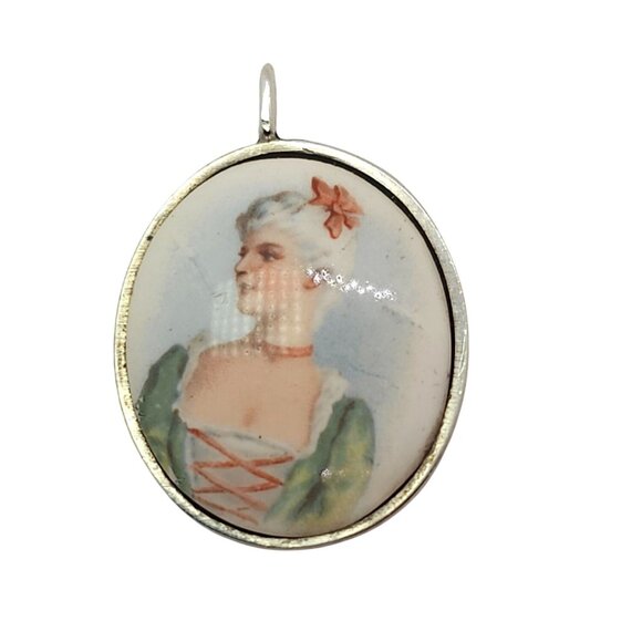 Vintage Victorian Style Painted Porcelain Pendant Goldstein Sterling Silver - Picture 1 of 11